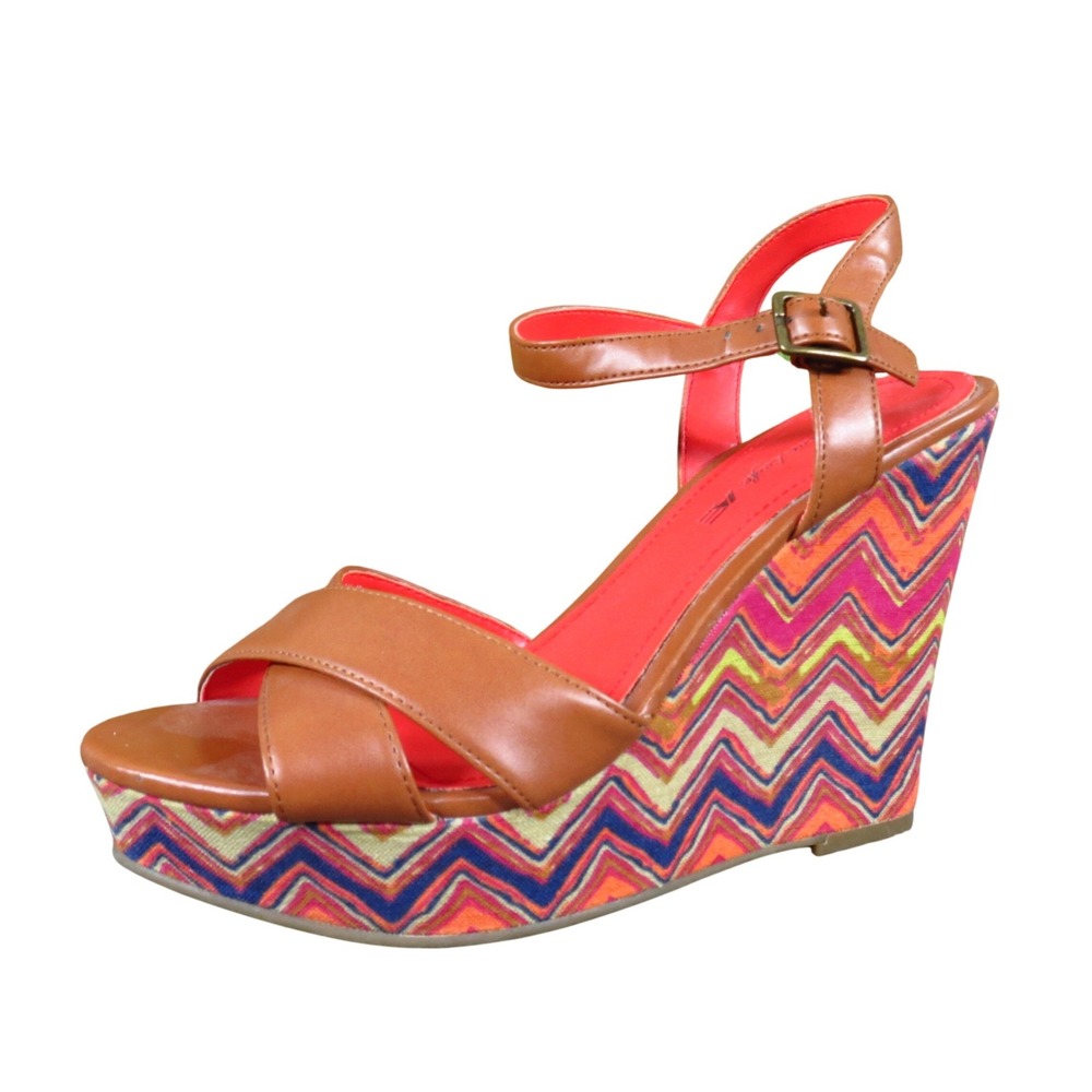 American Eagle Women Wedge Sandals Size 7‎ Summer Platform Brown Multi Chevron